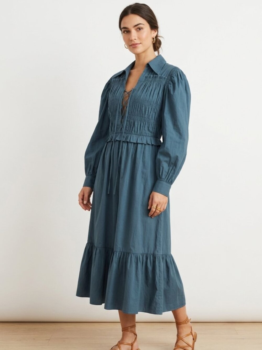 Sea New York Smocked Lace-Up Midi Dress Size Medium